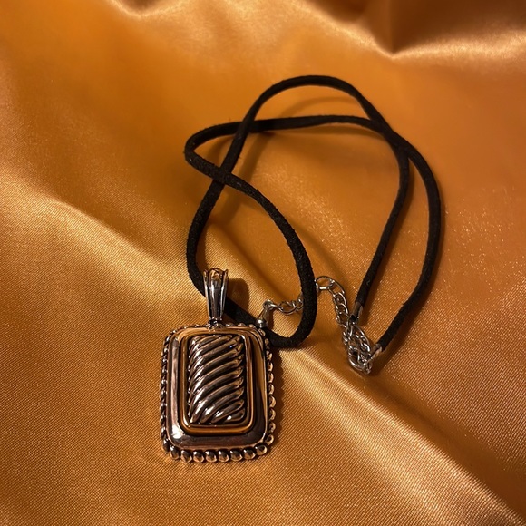 Gold and silver colored pendant on leather like cord strap - Picture 5 of 12
